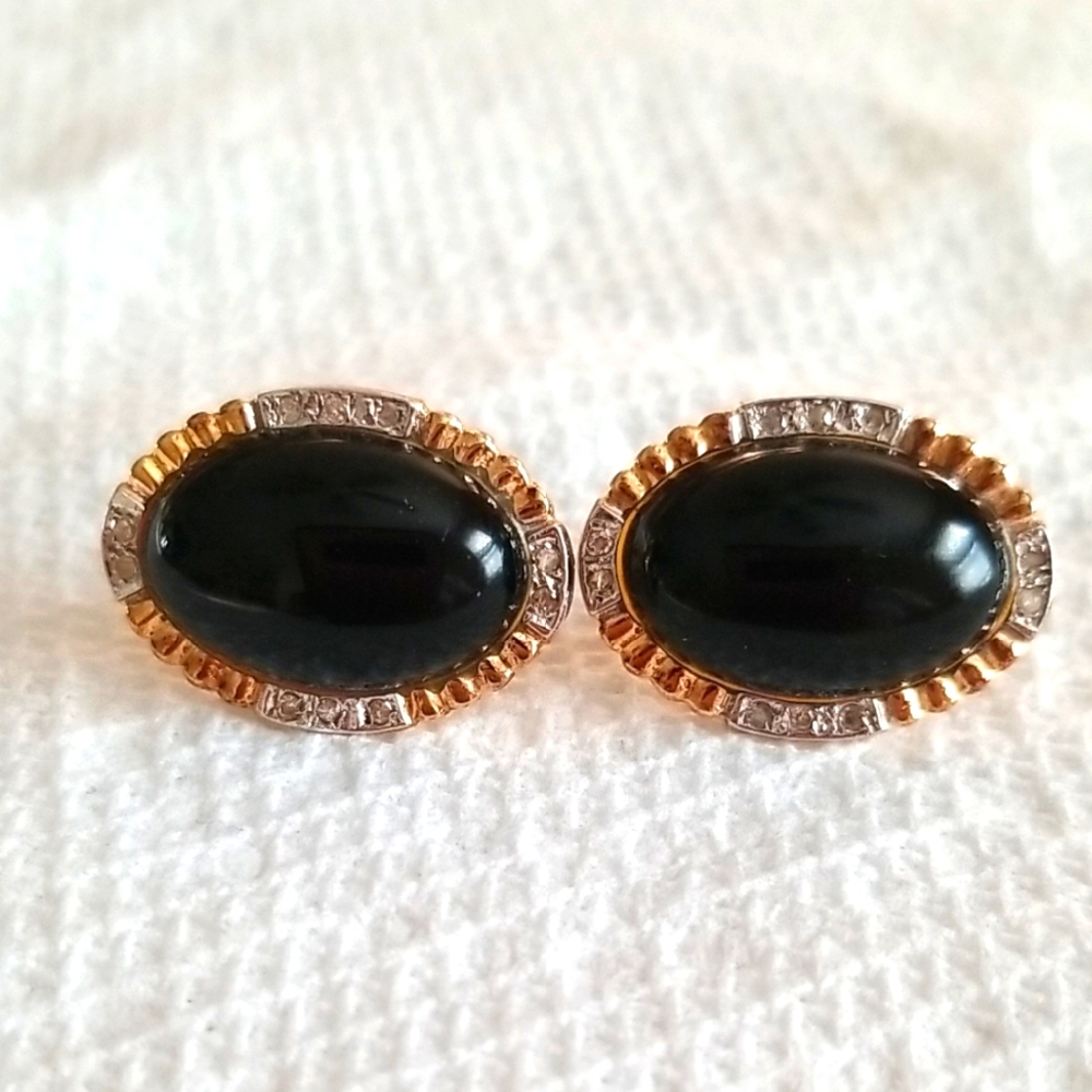Sterling Silver over 14k Gold, Real Onyx And Diamond Earrings.